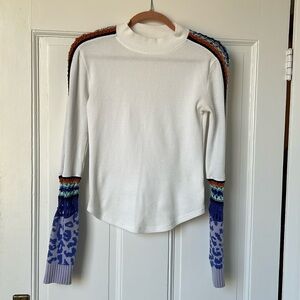 Free People white with multi-color details, long sleeve shirt.
